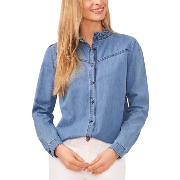 CeCe Women's Ruffle Neck Button Down Denim Blouse Blue Size Small NWT - Picture 1 of 12